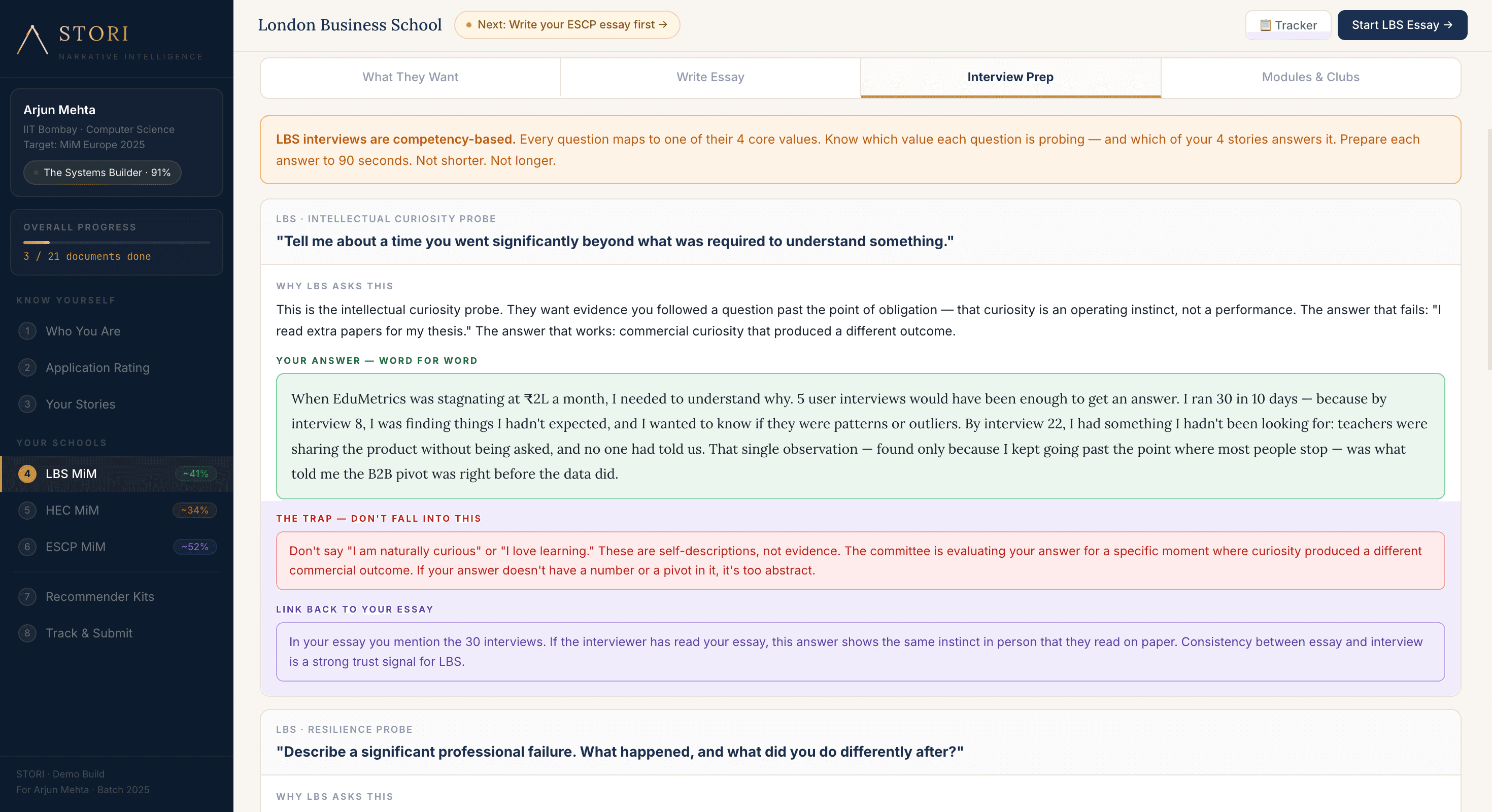 Stori dashboard showing LBS interview prep and narrative guidance